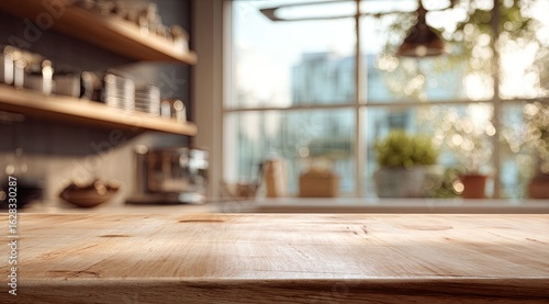 Blurred kitchen countertop, sunlight