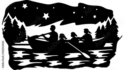 Silhouette of a family rowing a boat on a lake under a starry night sky surrounded by pine trees