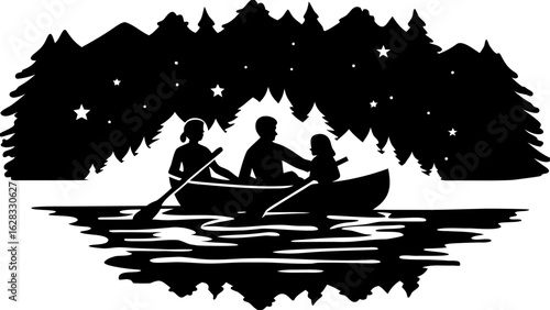 Silhouette of family in canoe on lake under starry night with forest background in monochrome vector