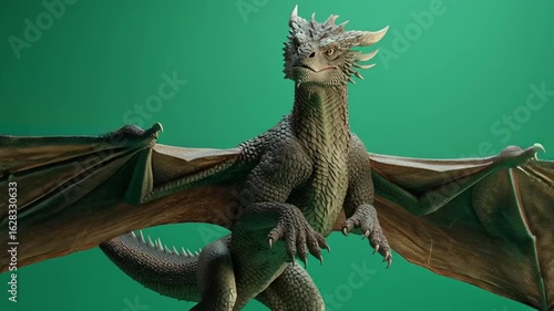Detailed dragon with large wings and scales on a green background in a studio setting green screen animal video