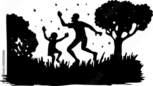 Silhouette of a father and child jumping in a field with trees and fireflies on a white background design