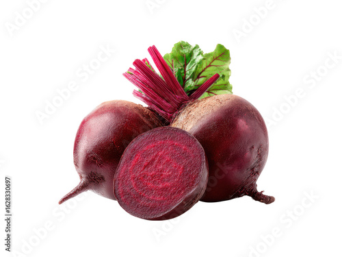 Deep red root vegetables with green leaves and stems beets food, Isolated, Png Transparent Background