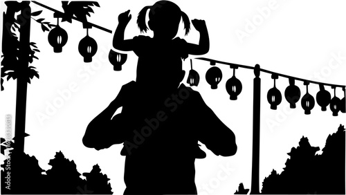 Silhouette of a father carrying his daughter on his shoulders under hanging lanterns in an outdoor setting