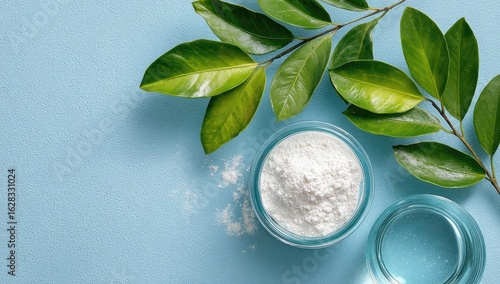 Light-blue background, featuring a small glass bowl of white powder, and vibrant green leaves.  A clear glass, likely liquid, container is also visible