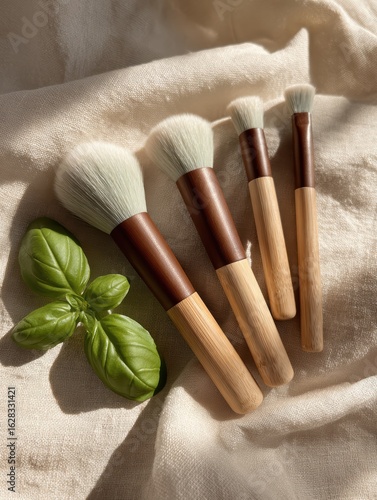Assorted bamboo makeup brushes on beige linen with fresh basil leaf, minimalist modern style, soft diffused lighting for beauty brands and cosmetic packaging design