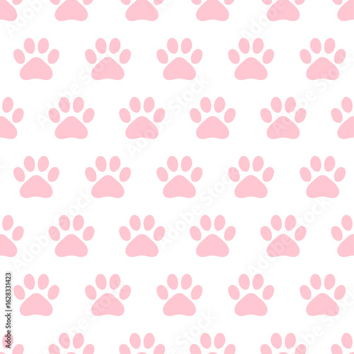 Seamless pink paw print pattern on white background. Adorable pink paw seamless pattern. Cute and simple vector