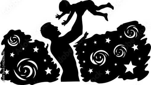 Silhouette of a father holding his child up in the air surrounded by stars and swirling galaxies art