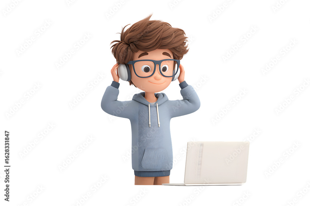 A boy adjusting his microphone and testing audio before joining an online debate, 3d animation, isolated transparent background PNG A boy adjusting his microphone and testing audio before joining an online debate, 3d animation, isolated transparent background PNG