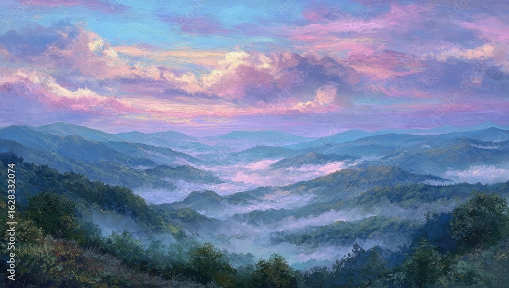 Obraz premium Misty mountain vista at dawn. Soft colors paint a tranquil mountain range, shrouded in a light mist, with pastel clouds