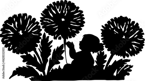 Silhouette of a baby sitting among dandelions, reaching out to touch one of the fluffy flower heads