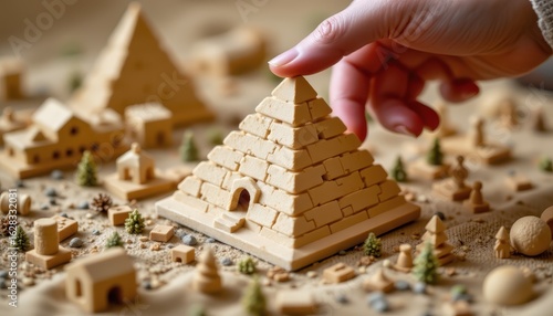 Hand Interacting with Beige Miniature Pyramid on Model Landscape