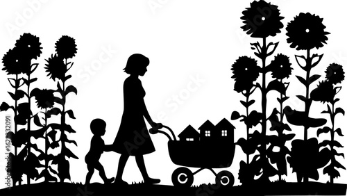 Silhouette of woman pushing a stroller with houses, accompanied by child, amidst sunflowers and foliage