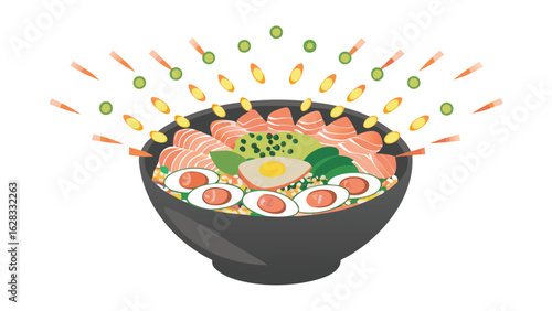 A bowl of poke with salmon avocado and eggs with green peas and yellow grains floating above the bowl