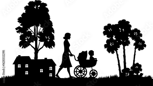 Silhouette of a woman pushing a baby stroller past houses and trees in a park like setting outdoors
