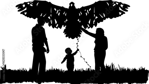 Silhouette of a family with a child reaching for a hanging decoration under a bird shaped decoration above them