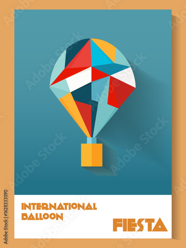 Minimalistic flat-style vector illustration of a hot air balloon made of colorful geometric polygonal shapes. Features bright colors, long shadows, and a clean background.