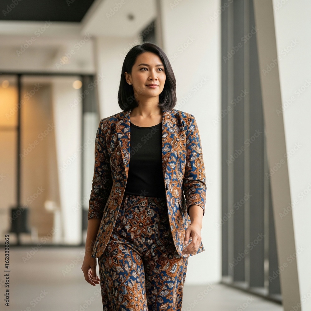 Fototapeta premium Elegant Indonesian Businesswoman in a Modern Batik Suit Walking in an Office Hallway