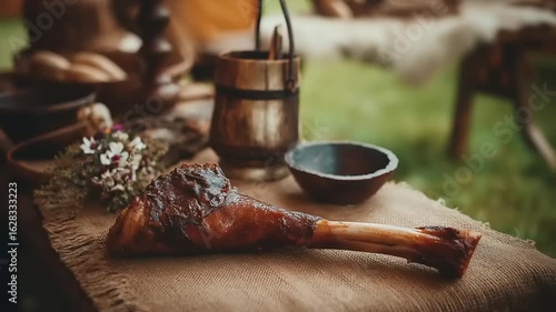 Traditional Viking Feast: Roasted Leg of Lamb on Rustic Table Setting with Vintage Elements