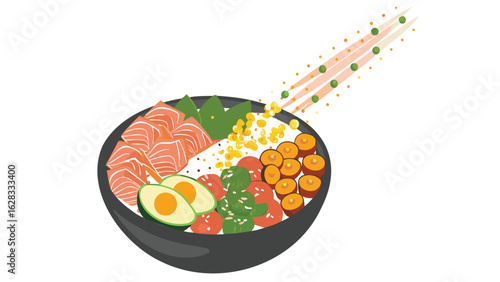 Illustration of a poke bowl filled with salmon avocado and other fresh ingredients in a black bowl