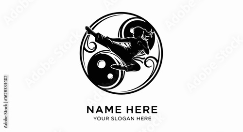 Monochrome logo of a female martial artist executing a dynamic high kick over a stylized Yin Yang symbol.
