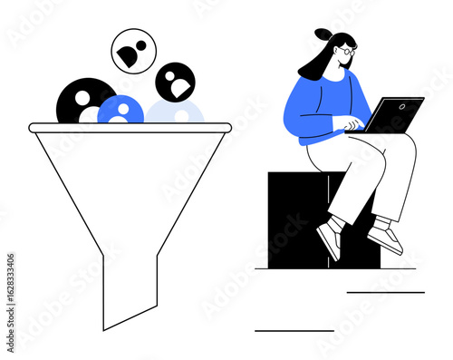 Funnel filtering diverse user profiles into leads, woman analyzing data on laptop. Ideal for marketing, sales, user segmentation, CRM, online strategy, team management, simple flat metaphor