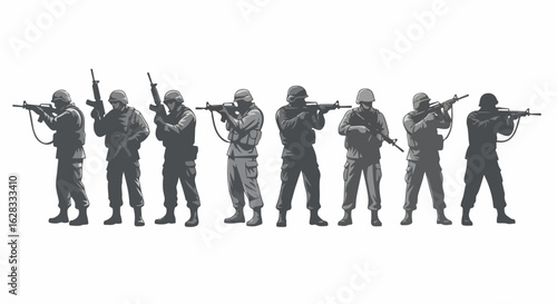 Monochrome graphic illustration of a military squad of soldiers in combat gear with rifles.