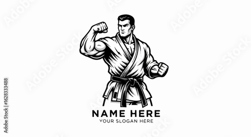 Powerful martial artist mascot in a gi flexing his bicep, black and white illustration.