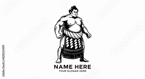 Powerful sumo wrestler in a traditional mawashi and chonmage hairstyle, depicted in a bold black and white graphic style.