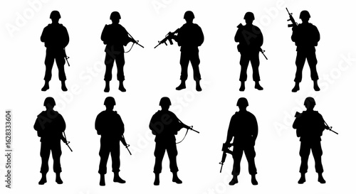 Set of ten black soldier silhouettes in combat gear, standing in various poses with rifles.