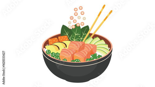 Illustration of a poke bowl with salmon avocado mango and spinach with chopsticks and caviar topping