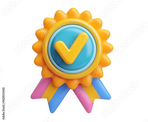3d rendered yellow ribbon award with blue checkmark isolated on transparent background