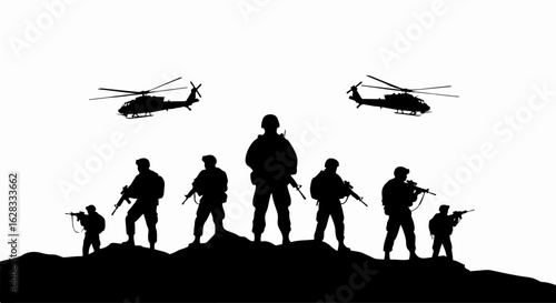 Stark black silhouette of armed soldiers on a hilltop with two military helicopters.