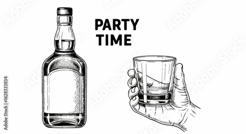 Vintage-style sketch of a whiskey bottle and a hand holding a glass of liquor.