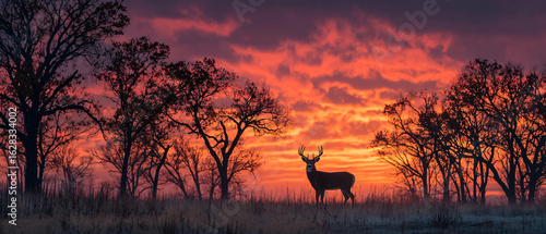 Dramatic fall landscape with a whitetail buck silhouetted against a glowing sky, vibrant sunset colors reflecting through the branches of bare trees, solitary figure in a quiet field.