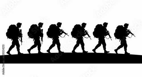 Black silhouette of a military patrol, soldiers marching in a line with rifles and large backpacks.