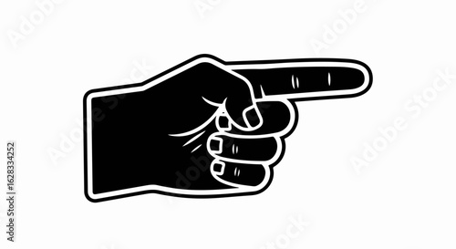Bold black and white graphic icon of a hand pointing right, with a thick white outline and stylized details.