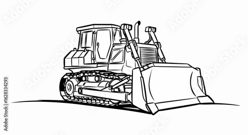 Bold black and white line art of a heavy-duty construction bulldozer with caterpillar tracks and a large front blade.