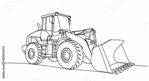 Continuous single line drawing of a heavy-duty front wheel loader with a toothed bucket.