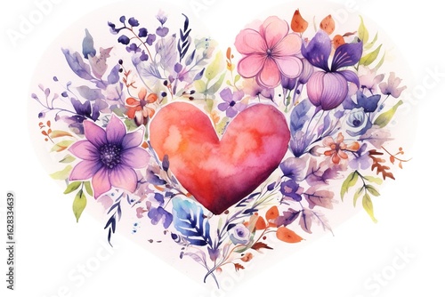 Watercolor heart with flowers. Illustration