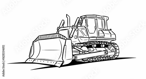 Dynamic line art of a heavy-duty bulldozer with a large front blade and caterpillar tracks.