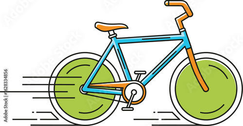 Illustration of a bicycle with green wheels and motion lines indicating speed