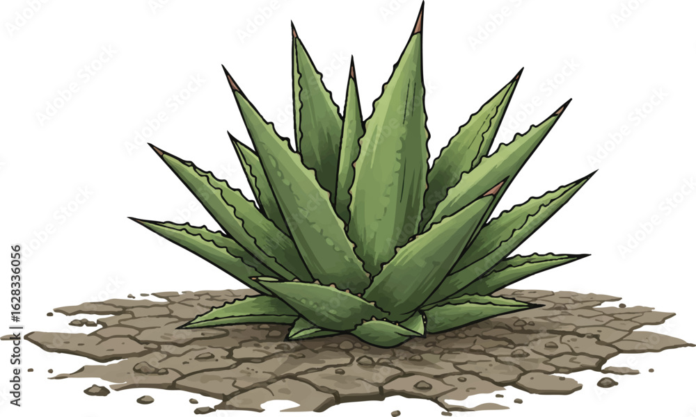 Fototapeta premium Green Agave Plant Illustration on Cracked Earth Background succulent desert