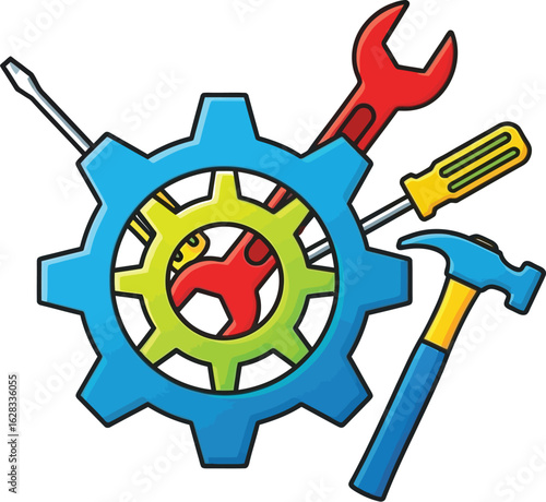 Illustration of a blue gear with assorted tools on a white background
