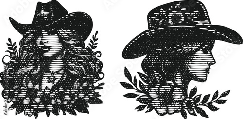  Lined photocopy effect monochrome engraving bundle featuring female sheriff with cowboy floral hat western vintage style