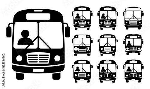 Black bus icons driver passenger transportation vehicle