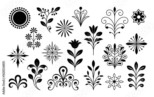 Black floral and ornamental decorative elements vintage flourish