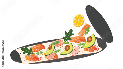 Illustration of a flatbread with salmon avocado radish lemon and greens on a dark serving platter