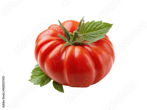 Ripe red beefsteak tomato with green leaves and water droplets image, Isolated, Png Transparent Background