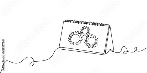 Line continuous gear art one icon cog work business factory wheel. Gear continuous line vector setting outline computer cogwheel technology sketch drawing science stroke machine brain background.