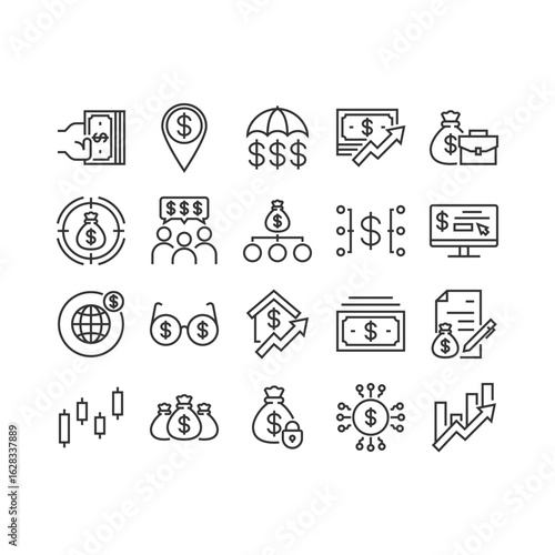Set of finance icons, money, business